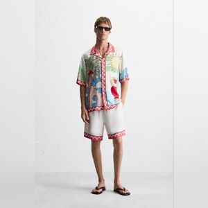 ZARA 2 PIECE SET LANDSCAPE SATIN SHIRT AND SHORTS WITH CONTRAST STRIPES SIZE L